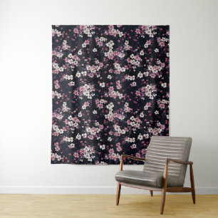 Black Pink Sakura Flowers, Pattern Design,  Tapestry