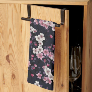 Black Pink Sakura Flowers, Pattern Design,  Tea Towel