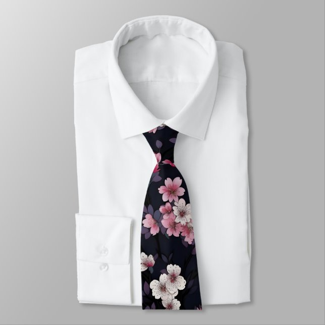 Black Pink Sakura Flowers, Pattern Design,  Tie (Tied)