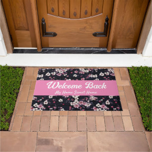 Black Pink Sakura Flowers, Pattern Design, Welcome Doormat