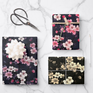 Black Pink Sakura Flowers, Pattern Design,  Wrapping Paper Sheet