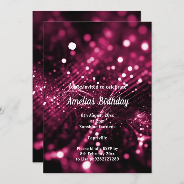 BLACK PINK SATIN DIAMOND WATERFALL BIRTHDAY PARTY INVITATION (Front/Back)