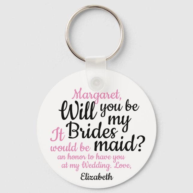 Black Pink Script Will You Be My Bridesmaid Key Ring (Front)