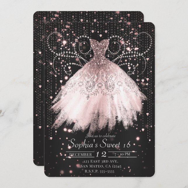Black Pink Silver Glitter Dress Sweet 16 Party Invitation (Front/Back)