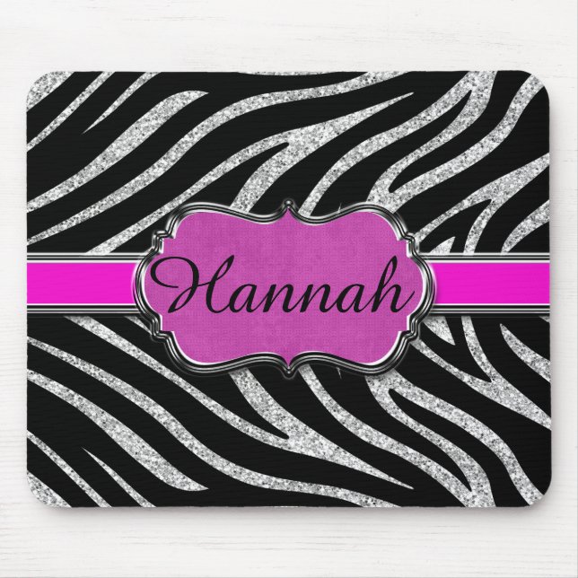 Black Pink Silver Glitter Zebra Personalised Mouse Pad (Front)