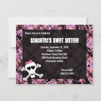 Black & Pink Skull Crossbones Sweet Sixteen Party Invitation