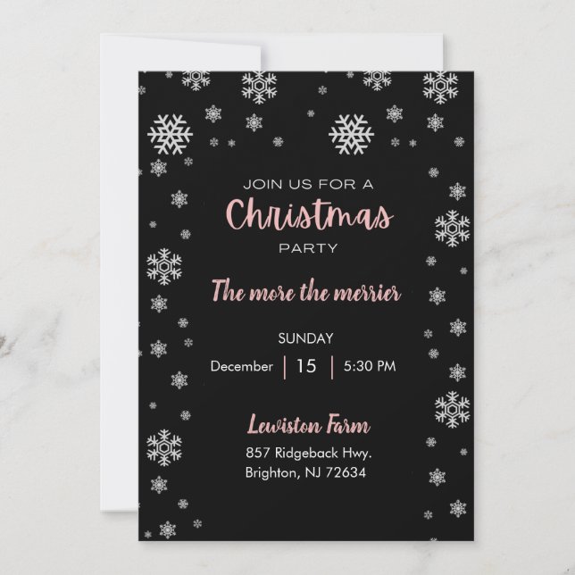 Black & Pink Snowflakes Christmas Party Invitation (Front)