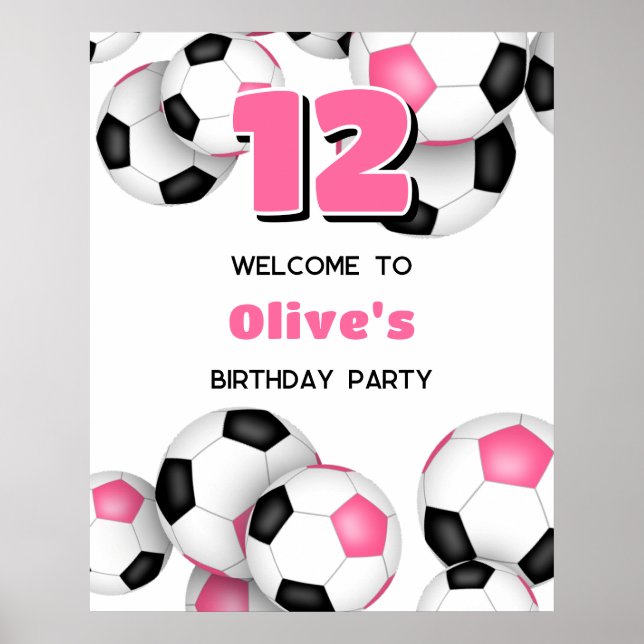 black pink soccer balls girls birthday party poster (Front)