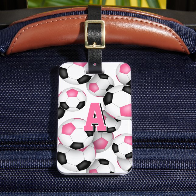 black pink soccer club colours monogrammed luggage tag (Front Insitu 2)