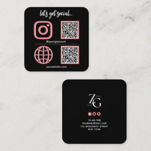 Black Pink Social Media Sign With QR Code Cute Square Business Card