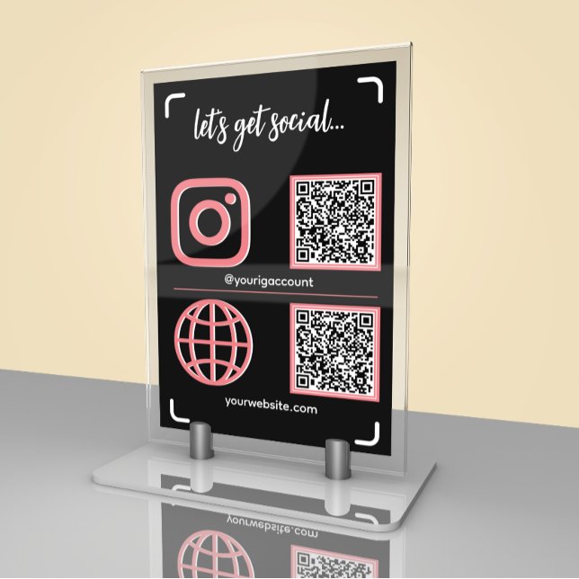 Black & Pink Social Media Sign With QR Code Table Number (Creator Uploaded)