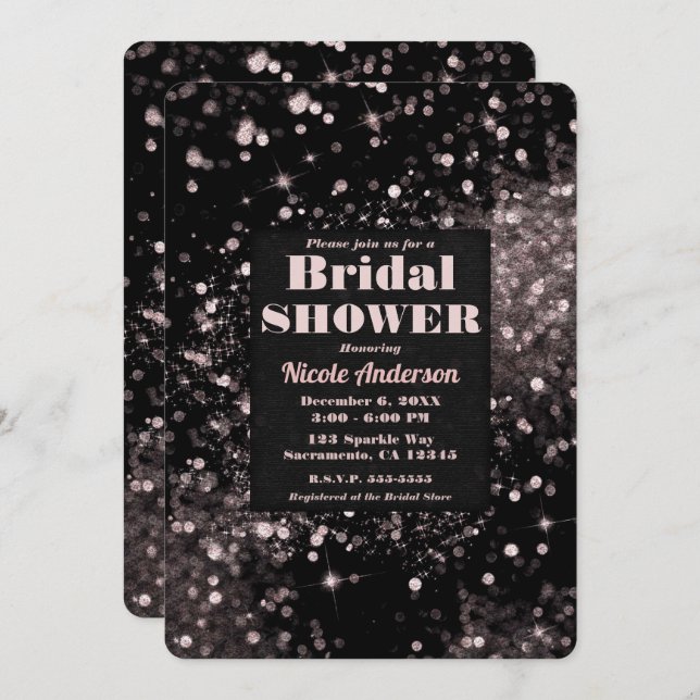Black & Pink Sparkling Lights Glam Bridal Shower Invitation (Front/Back)