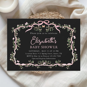 Black Pink Spring Floral Frame Baby Shower         Invitation