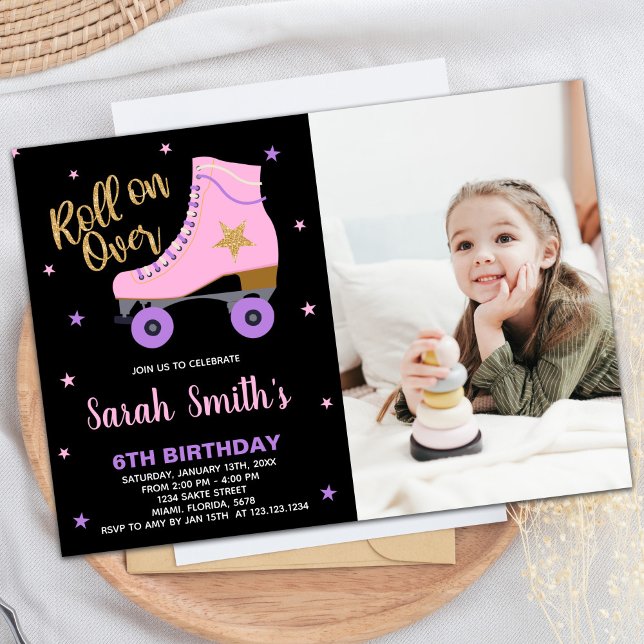 Black Pink Star Glitter Photo Skating Birthday Invitation (Black Pink Star Glitter Photo Skating Birthday Invitation)