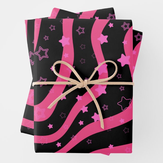 Black &Pink Stars On Lines Elegant Feminine Design Wrapping Paper Sheet (In situ)