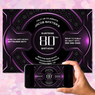 Black Pink Surprise 80th Birthday Party Invitation