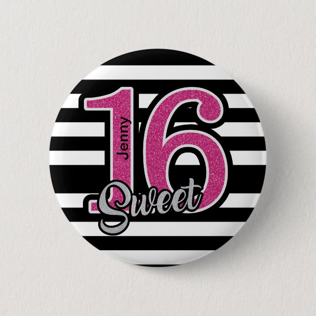 Black Pink Sweet 16 Personalised 6 Cm Round Badge (Front)
