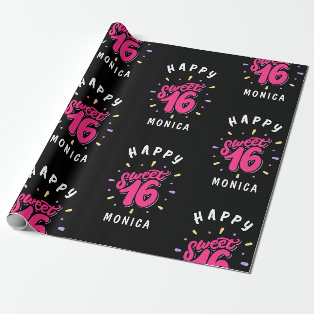 Black Pink Sweet 16 Personalised Birthday Wrapping Paper (Unrolled)