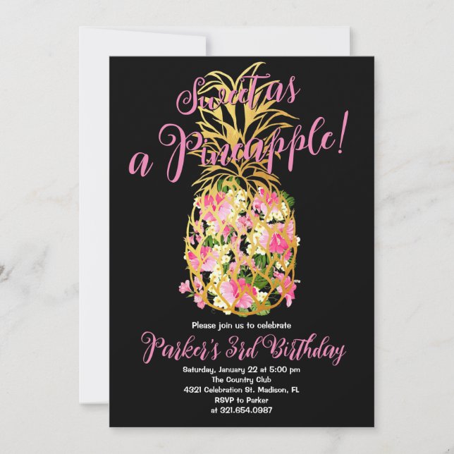 Black Pink Sweet a Pineapple Birthday Party Invitation (Front)