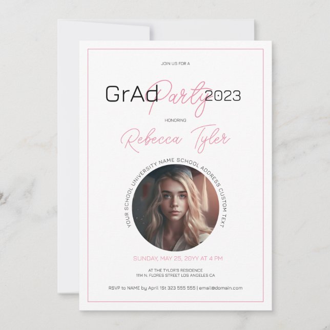 Black & Pink Text Grad Party Invite Custom Photo (Front)