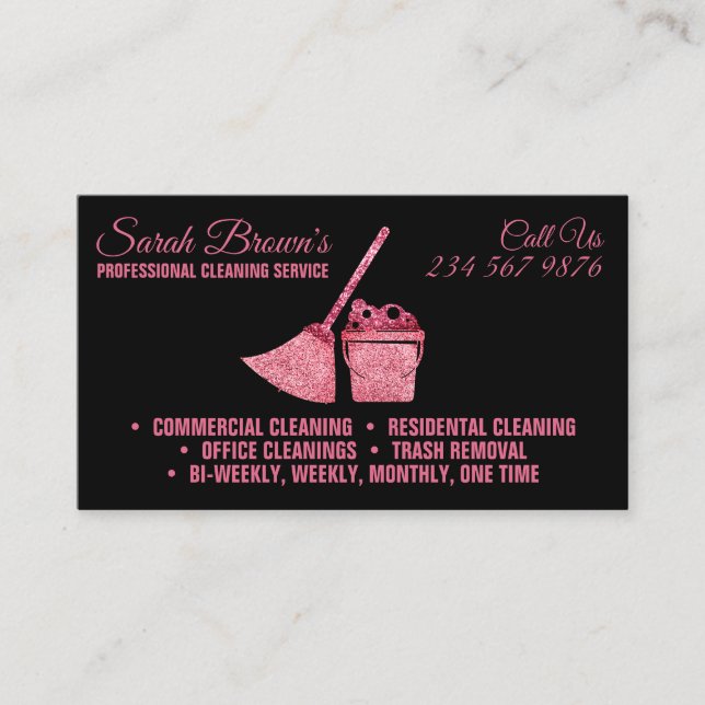 Black Pink Tone Cleaning Maid Janitorial sparkle Business Card (Front)