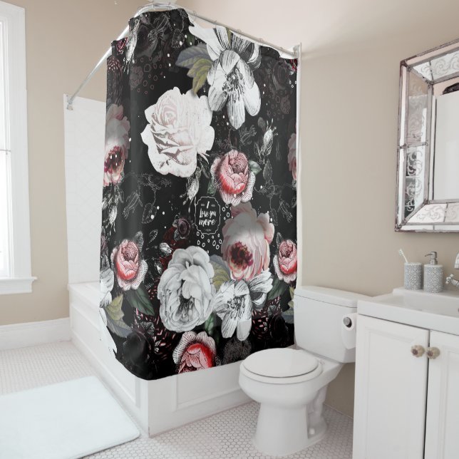 Black & Pink Victorian Rose Floral I Love You More Shower Curtain (In Situ)
