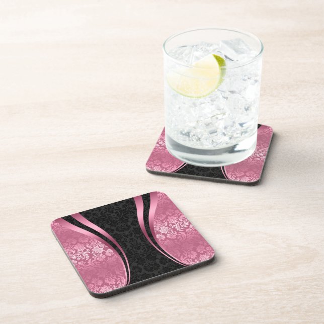 Black & Pink Vintage Floral Damask Pattern Coaster (Right Side)