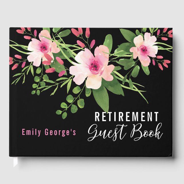 Black Pink Watercolor Floral  Retirement Party Guest Book (Front)