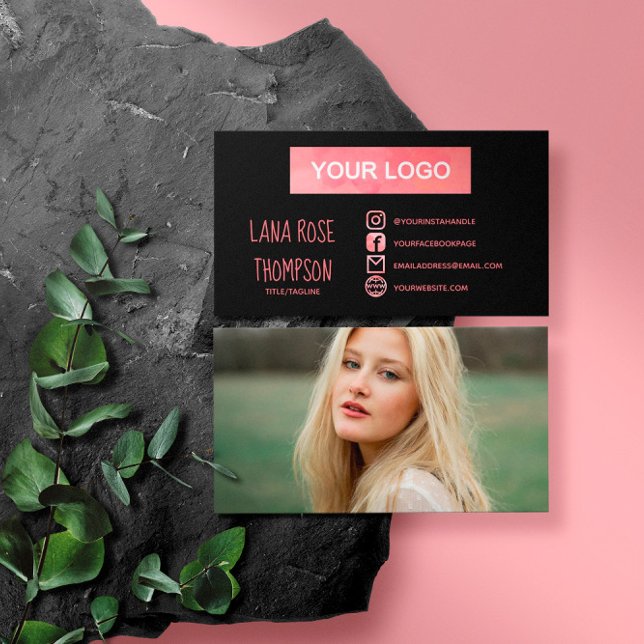 Black Pink Watercolor Social Media Logo & Photo Business Card (Creator Uploaded)
