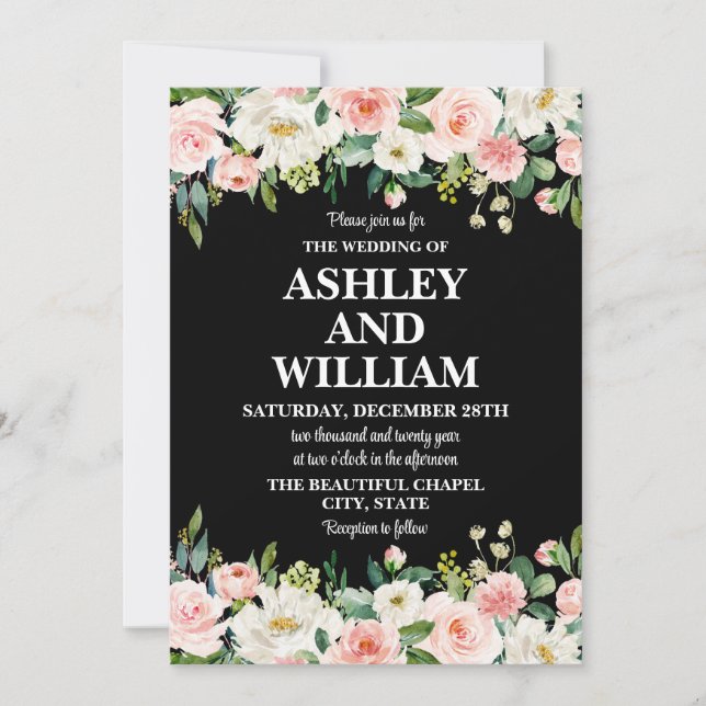 Black Pink & White Boho Bohemian Greenery Wedding Invitation (Front)