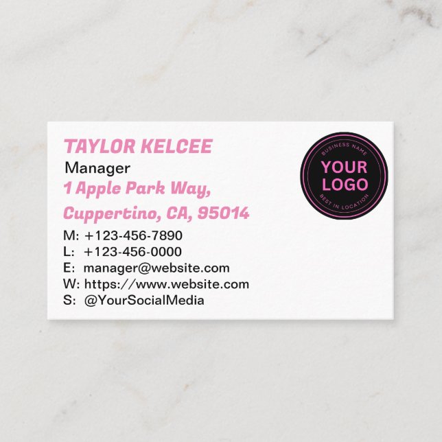 Black Pink White CUSTOMIZABLE  Business Card (Front)