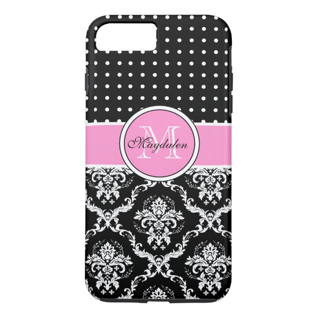 Black Pink & White Damask & PolkaDot Pattern Case-Mate iPhone Case (Back)