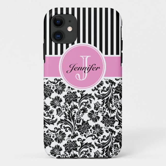 Black Pink & White Damask & Stripes Pattern 2 Case-Mate iPhone Case (Back)
