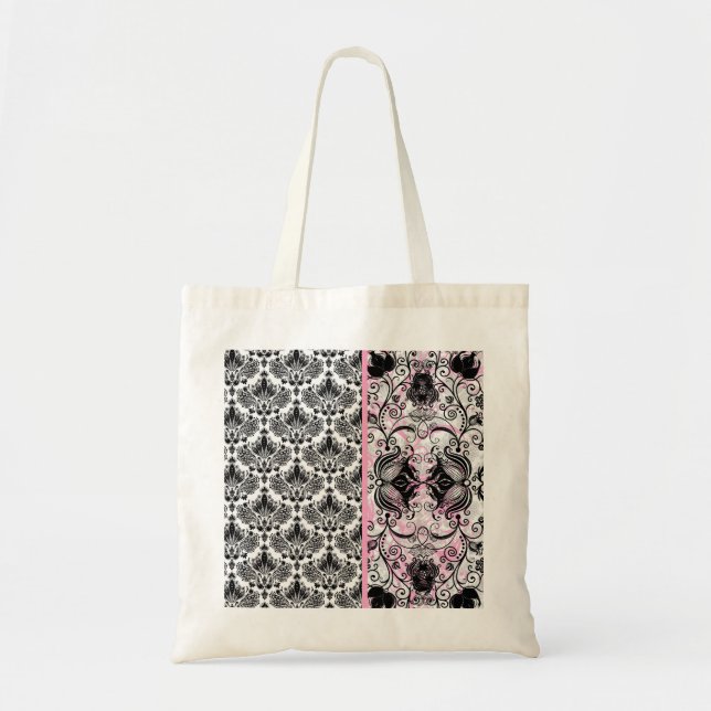 Black Pink & White Floral Damask Pattern Tote Bag (Front)