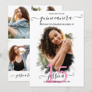 Black Pink White Halo Photo Collage Quinceañera Invitation