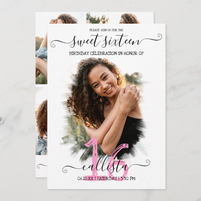 Black Pink White Halo Photo Collage Sweet 16 Invitation (Front/Back)
