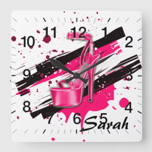 Black, Pink & White Hot High Heels Square Wall Clock