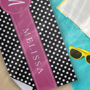 Black Pink White Monogram Polka Dots Beach Towel