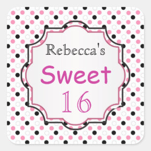 Black, pink, white polka dot Sweet 16 Sticker