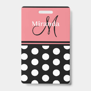Black Pink White Polka Dots Monogram Script ID Badge