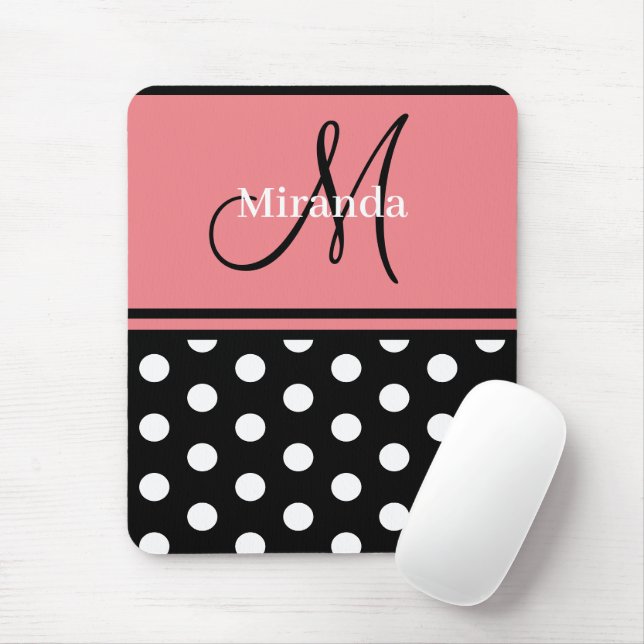Black Pink White Polka Dots Monogram Script Mouse Pad (With Mouse)
