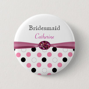 Black, pink, white polka dots Wedding Bridesmaid 6 Cm Round Badge