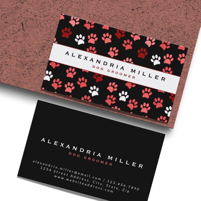 Black Pink White Puppy Dog Paw Print Pattern Business Card (Creator Uploaded)