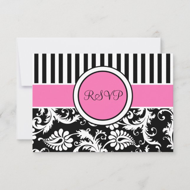 Black Pink White Striped Damask Reply Card (Front)
