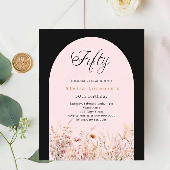 Black pink wildflower floral budget 50th birthday (Creator Uploaded)
