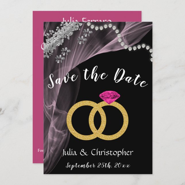 Black & Pink with Wedding Rings & Silver Save The Date (Front/Back)