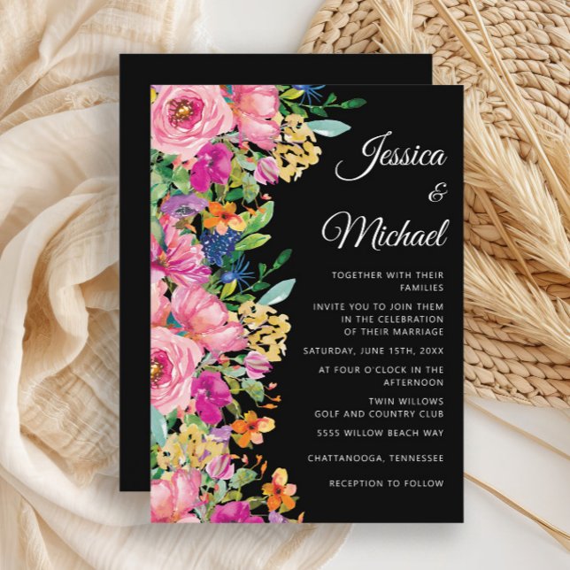 Black Pink Yellow Watercolor Wildflowers Wedding Invitation (Elegant pink watercolor floral on black wedding invitation)