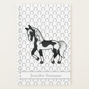 Black Pinto Cartoon Trotting Horse & Custom Text Planner