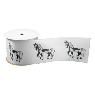 Black Pinto Illustrated Cartoon Trotting Horses Satin Ribbon