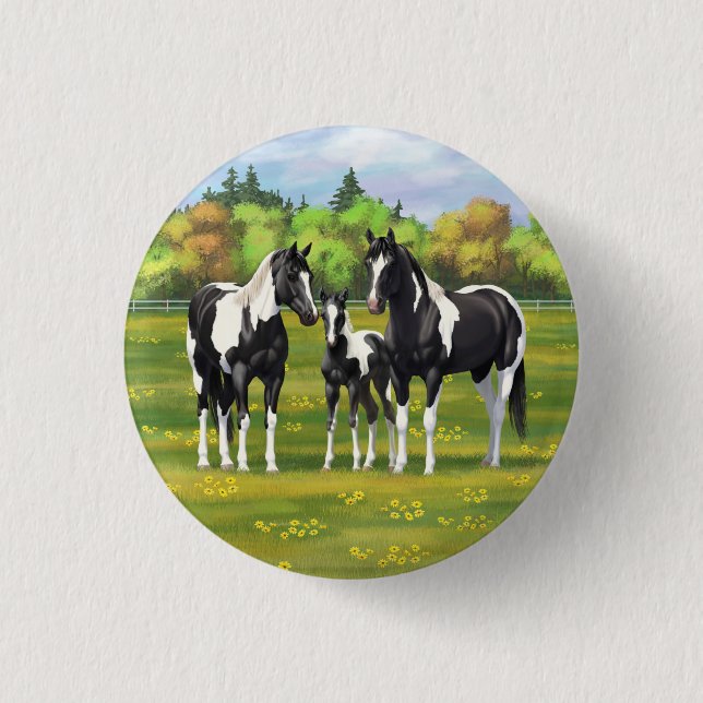 Black Pinto Paint Quarter Horses In Summer Pasture 3 Cm Round Badge (Front)
